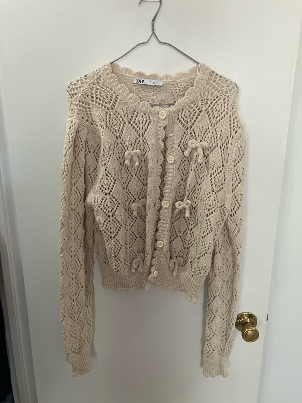 Zara Beige Openwork Knit Cardigan with Bow Details - Picture 2 of 4
